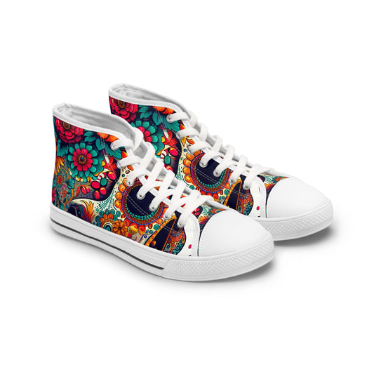"Day of the Dead Delight: A Vibrant High-Top Sneaker adorned with Mexican-inspired Craniums, Floral Motifs, and Festive Accents. Celebrate Life and Culture- High Top Trainers Fashion Sneakers