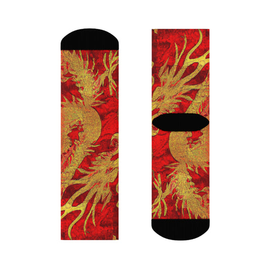 "Crimson & Gold Dragon Phoenix Crew Socks: A Fusion of Eastern Elegance and Mythical Inspiration" - Men and Women Crew Socks Combed Athletic Sports Casual Classic