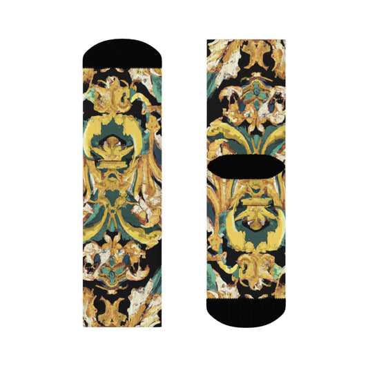 "Golden Royalty Crew Socks: Baroque-Inspired Textile with Intricate Scrolls and Florals" - Men and Women Crew Socks Combed Athletic Sports Casual Classic
