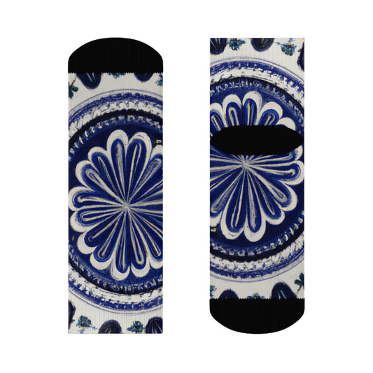 "Blue and White Talavera Tile Crew Socks - Traditional Mexican Textile Inspired Design for Ultimate Style and Comfort!" - Men and Women Crew Socks Combed Athletic Sports Casual Classic