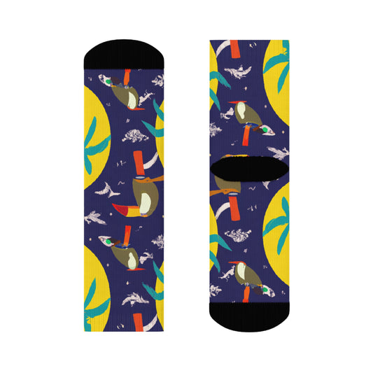 "Island Vibes Crew Socks: Featuring Vibrant Caribbean Textile Patterns with Palm Trees, Sunsets, and Toucans - Step into a Tropical Paradise!" - Men and Women Crew Socks Combed Athletic Sports Casual Classic