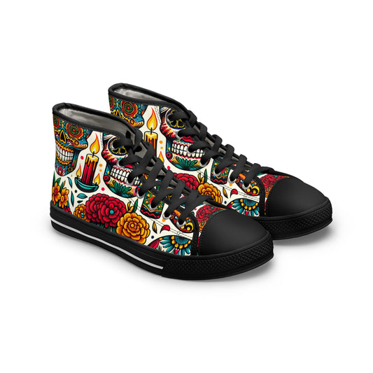 "Calavera Classics: A Colorful High-Top Sneaker Inspired by Day of the Dead Skulls and Traditional Textile Designs"- High Top Trainers Fashion Sneakers