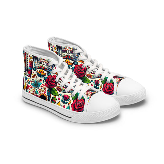 "Day of the Dead Delights: Colorful High-Top Sneakers Embellished with Vibrant Skulls and Floral Patterns"- High Top Trainers Fashion Sneakers