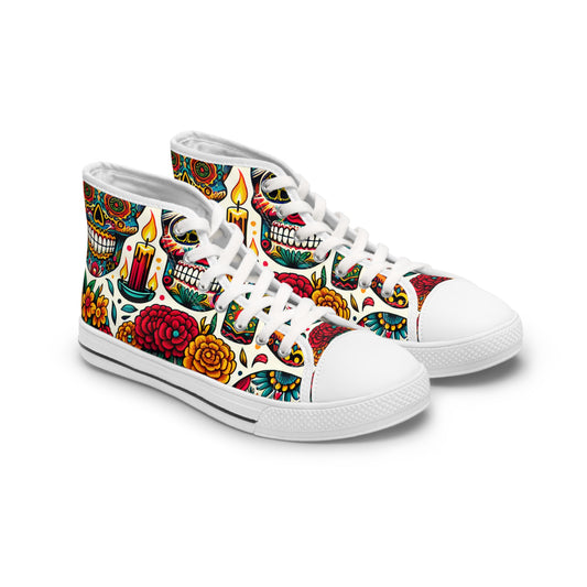 "Calavera Classics: A Colorful High-Top Sneaker Inspired by Day of the Dead Skulls and Traditional Textile Designs"- High Top Trainers Fashion Sneakers