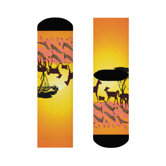 "African Sunset Safari Crew Socks: Embrace the Wild with Exotic Animal Silhouettes and Vibrant Textile Patterns!" - Men and Women Crew Socks Combed Athletic Sports Casual Classic