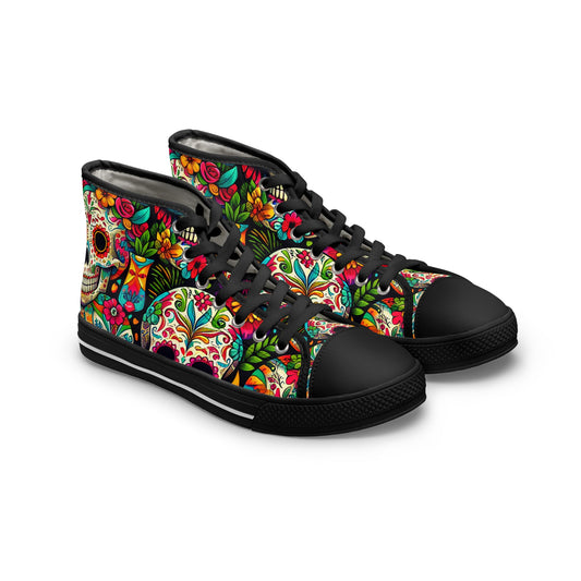 "Introducing the Día de los Muertos High Tops: A Bold and Vibrant Celebration of Life! Our eye-catching sneaker features a lively pattern of Mexican skulls adorned with intricate floral designs- High Top Trainers Fashion Sneakers