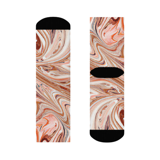 "Rose Gold Enchantment: Premium Crew Socks with Marble Swirl Textile Design in White" - Men and Women Crew Socks Combed Athletic Sports Casual Classic