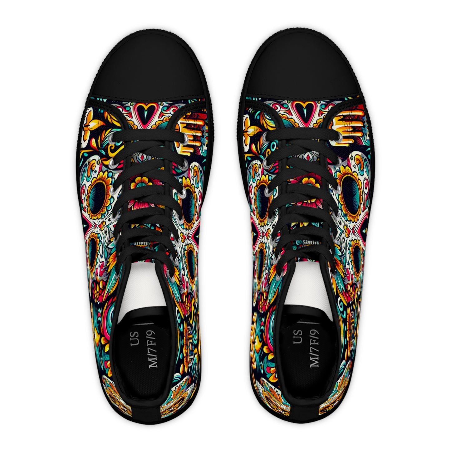 "Deadly Splendor: Day of the Dead High-Top Sneakers - Celebrate Life with Colorful Stylized Skulls and Vibrant Mexican Art Motifs" - High Top Trainers Fashion Sneakers