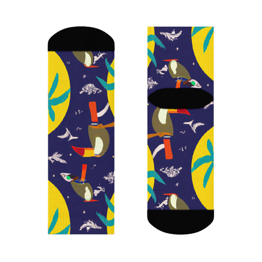 "Island Vibes Crew Socks: Featuring Vibrant Caribbean Textile Patterns with Palm Trees, Sunsets, and Toucans - Step into a Tropical Paradise!" - Men and Women Crew Socks Combed Athletic Sports Casual Classic