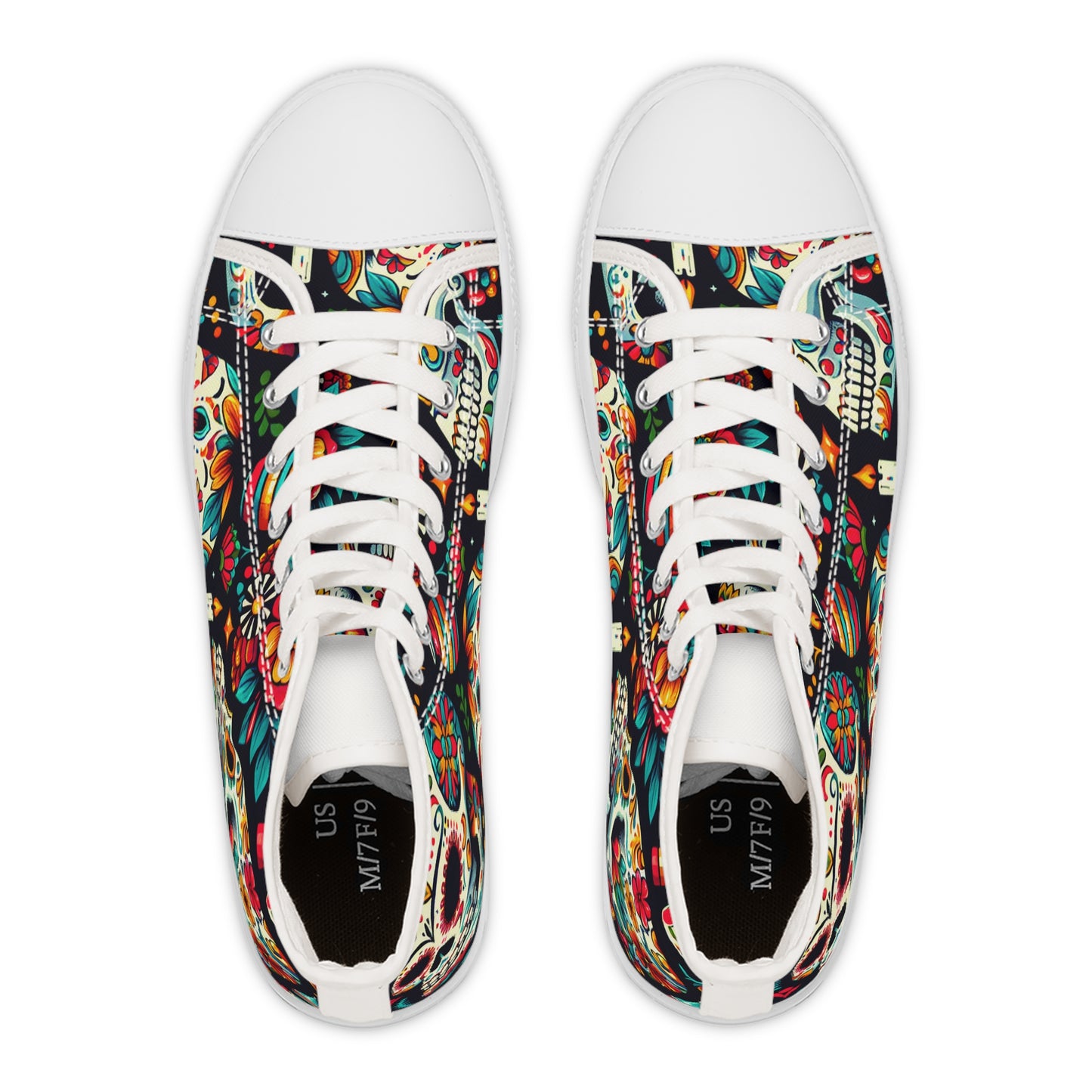 "Introducing the "Dia de los Muertos" High-Top Sneaker: Vibrant and Bold Celebratory Skulls Meet Classic Mexican Artistry. Step into the colorful traditions and vibrant energy- High Top Trainers Fashion Sneakers