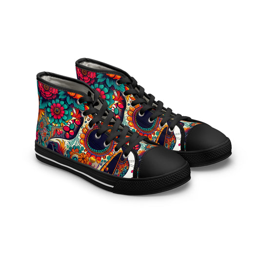 "Day of the Dead Delight: A Vibrant High-Top Sneaker adorned with Mexican-inspired Craniums, Floral Motifs, and Festive Accents. Celebrate Life and Culture- High Top Trainers Fashion Sneakers
