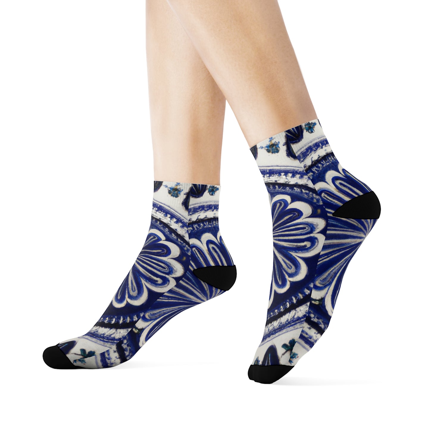 "Blue and White Talavera Tile Crew Socks - Traditional Mexican Textile Inspired Design for Ultimate Style and Comfort!" - Men and Women Crew Socks Combed Athletic Sports Casual Classic