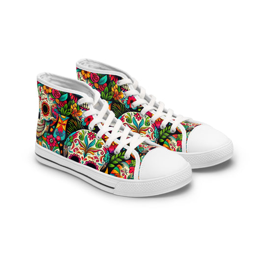 "Introducing the Día de los Muertos High Tops: A Bold and Vibrant Celebration of Life! Our eye-catching sneaker features a lively pattern of Mexican skulls adorned with intricate floral designs- High Top Trainers Fashion Sneakers