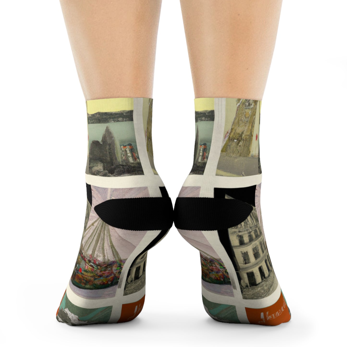 "Global Adventures Crew Socks: Vintage Postcard Textile with Landmark Inspirations from Around the World" - Men and Women Crew Socks Combed Athletic Sports Casual Classic