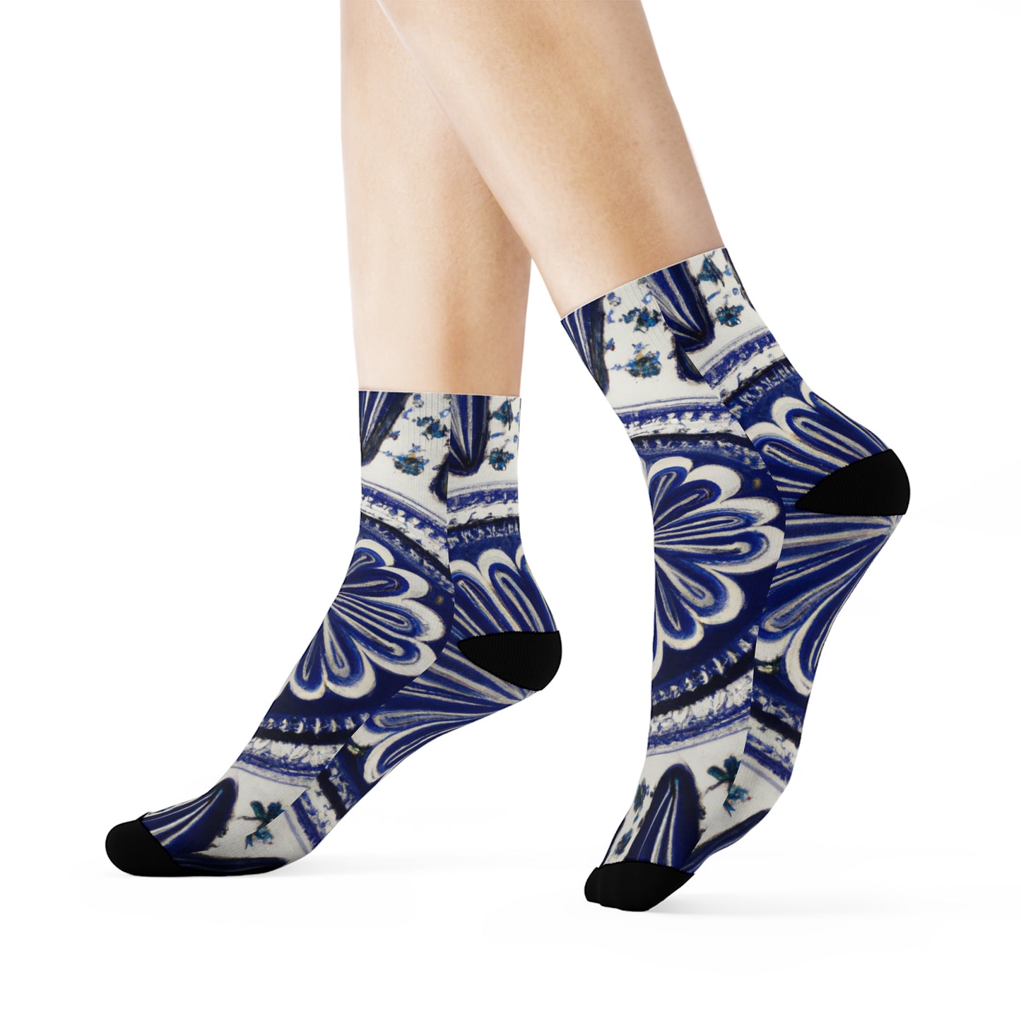 "Blue and White Talavera Tile Crew Socks - Traditional Mexican Textile Inspired Design for Ultimate Style and Comfort!" - Men and Women Crew Socks Combed Athletic Sports Casual Classic