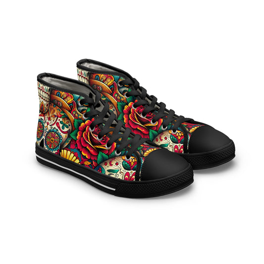 "Celebrate Life: Day of the Dead-Inspired High-Top Sneakers with Vibrant and Intricate Skull Pattern" - High Top Trainers Fashion Sneakers