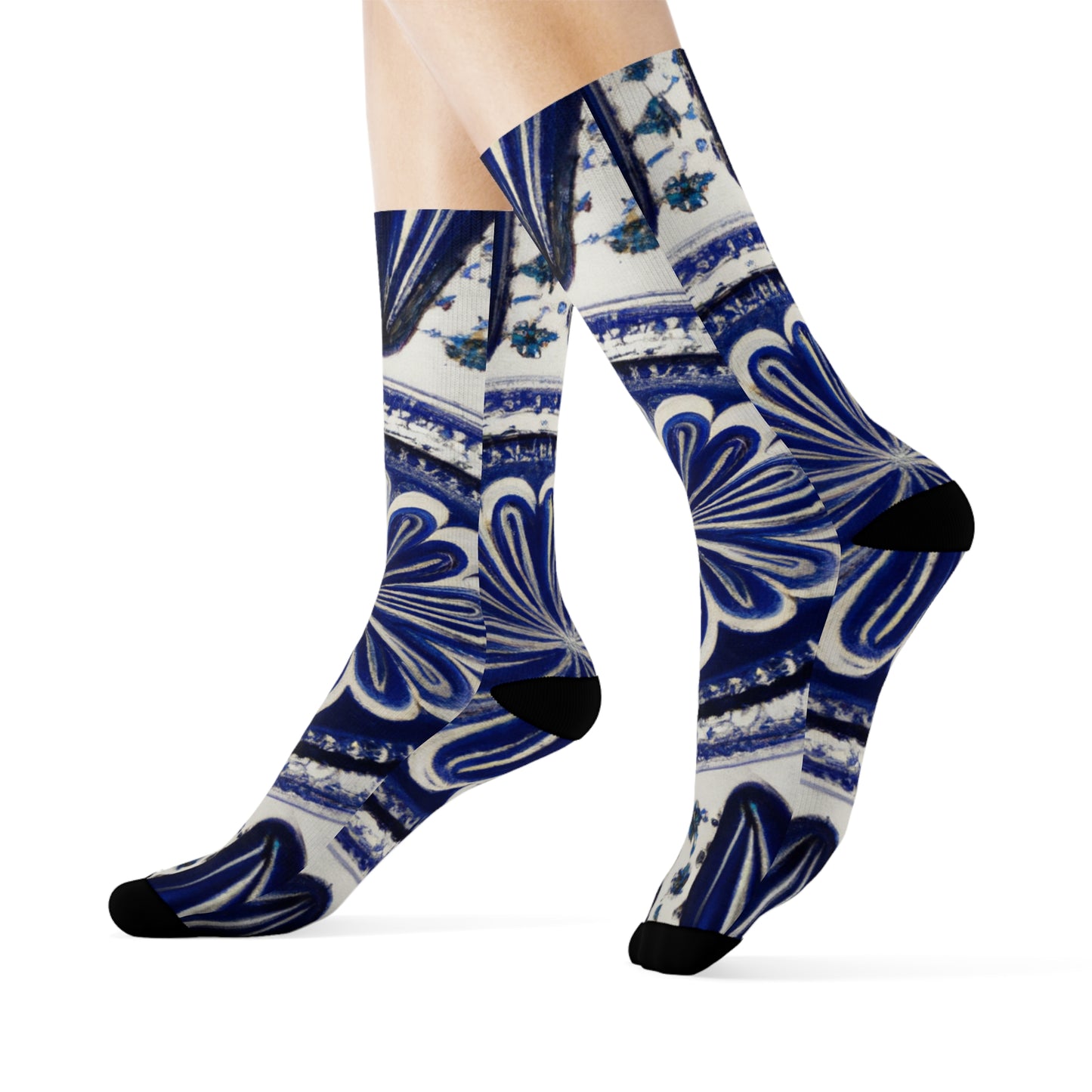 "Blue and White Talavera Tile Crew Socks - Traditional Mexican Textile Inspired Design for Ultimate Style and Comfort!" - Men and Women Crew Socks Combed Athletic Sports Casual Classic