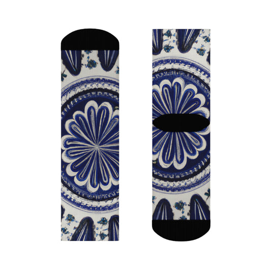 "Blue and White Talavera Tile Crew Socks - Traditional Mexican Textile Inspired Design for Ultimate Style and Comfort!" - Men and Women Crew Socks Combed Athletic Sports Casual Classic