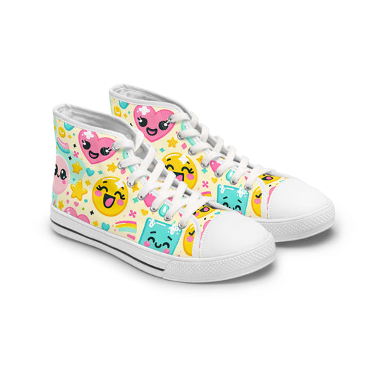 Introducing the "Emojo High-Tops" - Your Ultimate Playful and Whimsical Statement Sneakers! Featuring a Variety of Charming Cartoon Emojis with Expressions of Happiness, - High Top Trainers Fashion Sneakers