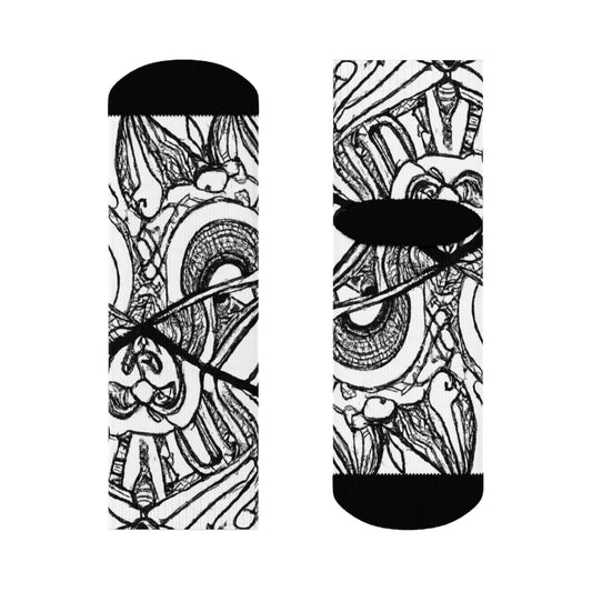 "Monochrome Zen Crew Socks: Tribal Zentangle Textile Doodles for Funky Feet" - Men and Women Crew Socks Combed Athletic Sports Casual Classic
