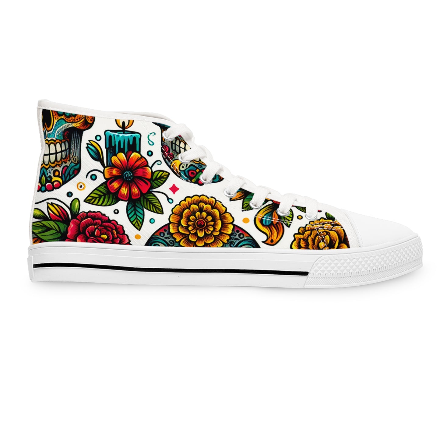"Day of the Dead Delight High-Top Sneaker: A Vibrant Tribute to Mexican Traditions with Intricate Skull & Floral Motifs in Lively Red, Blue, Green, and - High Top Trainers Fashion Sneakers