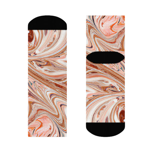 "Rose Gold Enchantment: Premium Crew Socks with Marble Swirl Textile Design in White" - Men and Women Crew Socks Combed Athletic Sports Casual Classic