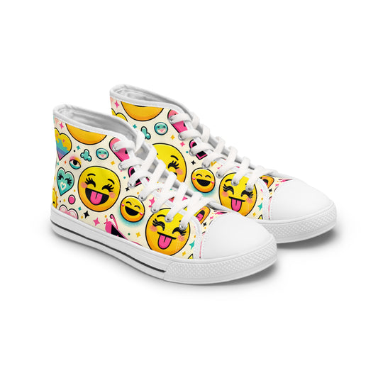 "Emojo High-Tops: Infuse your steps with joy and playfulness through vibrant emoji-inspired design! Featuring a delightful textile pattern of animated faces, hearts, stars, and rainbows - High Top Trainers Fashion Sneakers