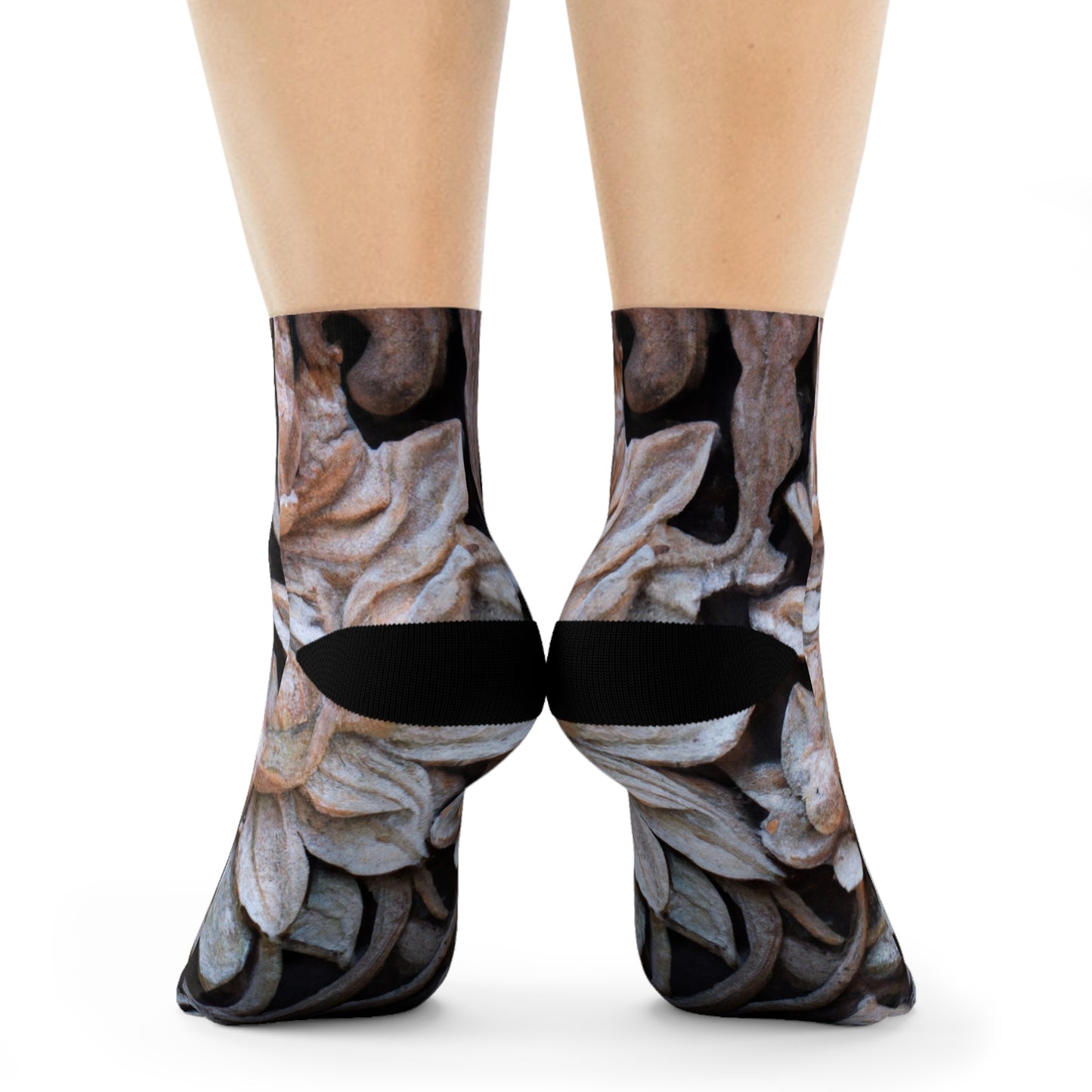 "Temple Treasures: Lotus Blossom Crew Socks with Balinese Stone Carving Print" - Men and Women Crew Socks Combed Athletic Sports Casual Classic