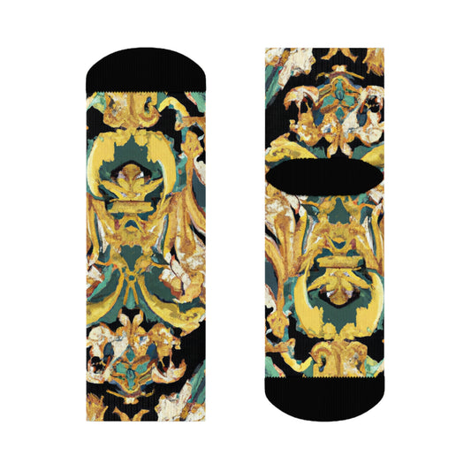 "Golden Royalty Crew Socks: Baroque-Inspired Textile with Intricate Scrolls and Florals" - Men and Women Crew Socks Combed Athletic Sports Casual Classic