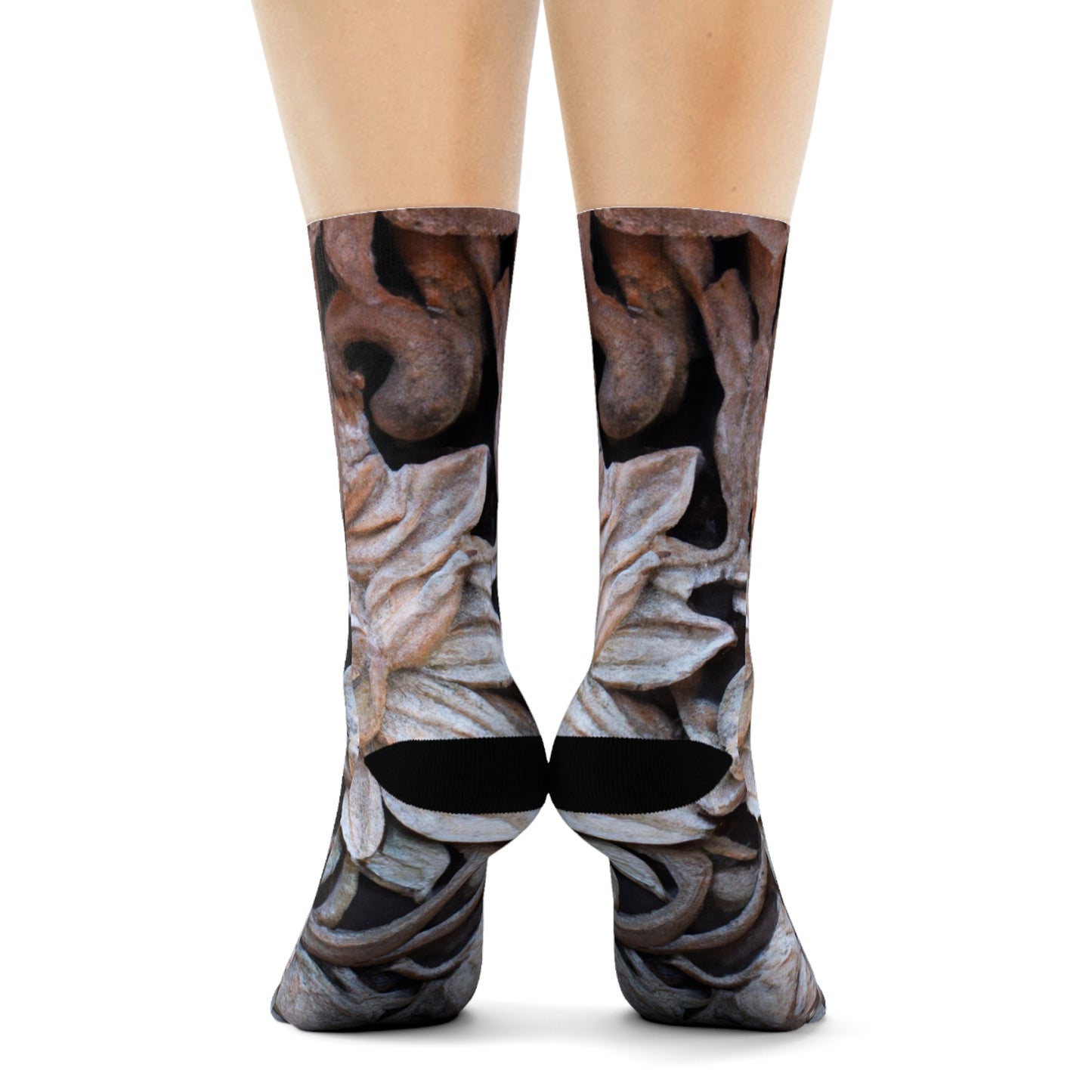 "Temple Treasures: Lotus Blossom Crew Socks with Balinese Stone Carving Print" - Men and Women Crew Socks Combed Athletic Sports Casual Classic
