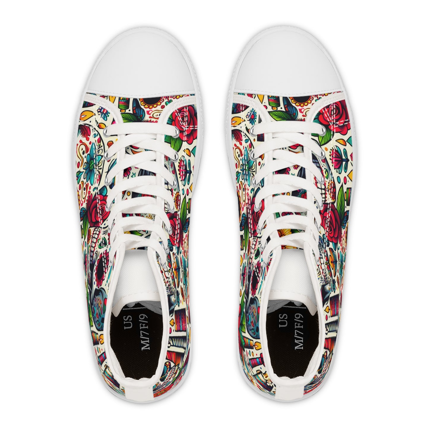 "Day of the Dead Delights: Colorful High-Top Sneakers Embellished with Vibrant Skulls and Floral Patterns"- High Top Trainers Fashion Sneakers