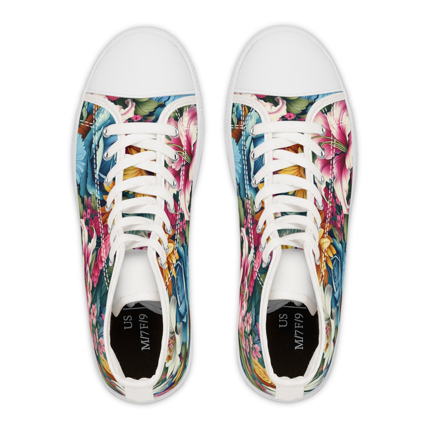 "Floral Frenzy: Vivacious High-Top Sneakers with Meticulously Detailed Flower Patterns in Vibrant Shades of Pink, Blue, Yellow, and Green - Perfect for Contemporary Text - High Top Trainers Fashion Sneakers