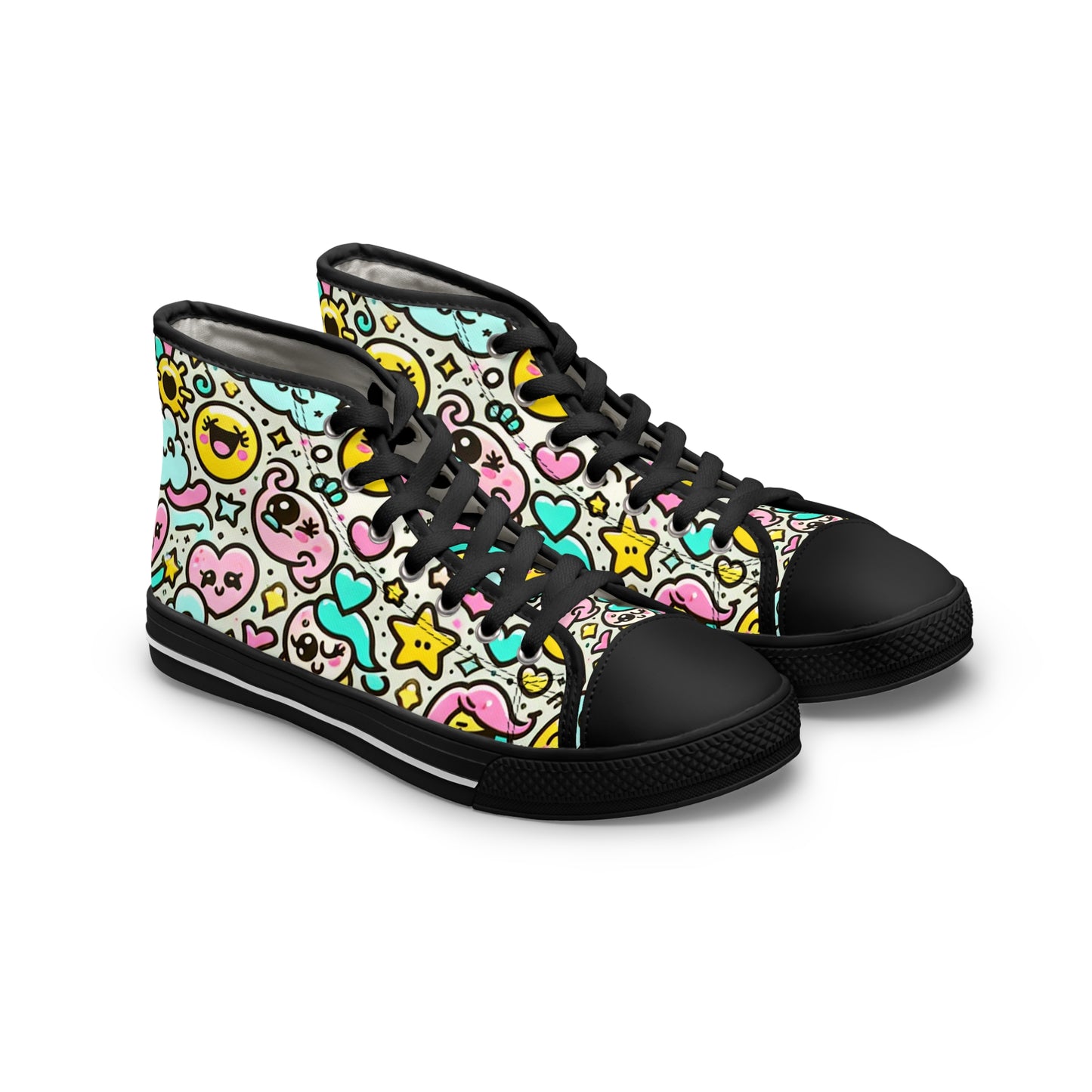 "Introducing Emoticon Express: The Ultimate High-Top Sneaker with a Fun and Vibrant Emojis and Hearts Print, Perfect for Kids and Kids-at-Heart Everywhere!" - High Top Trainers Fashion Sneakers