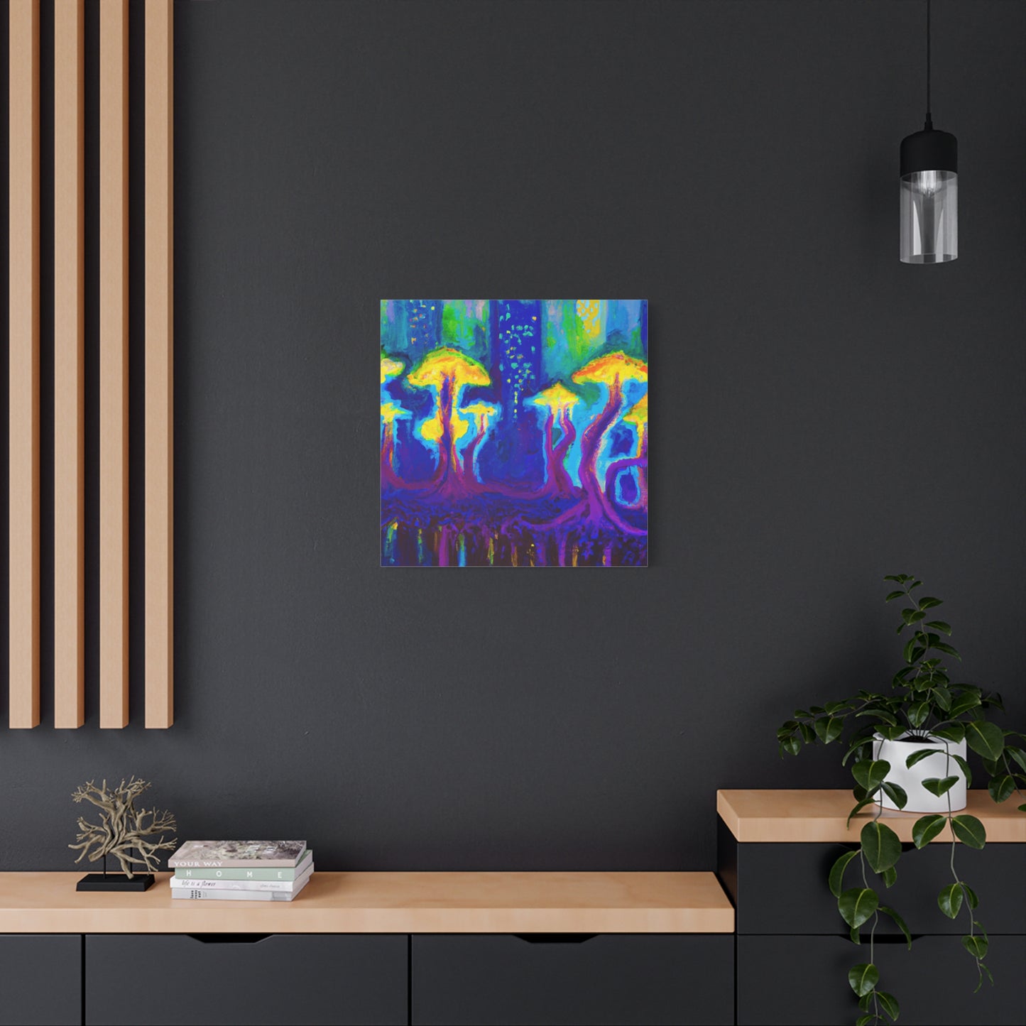 1. "Enchanted Fungi Cityscape"
2. "Luminous Urban Symphony"
3. "Melodic Wave Abstraction" - Framed Canvas Print Colourful Wall Art