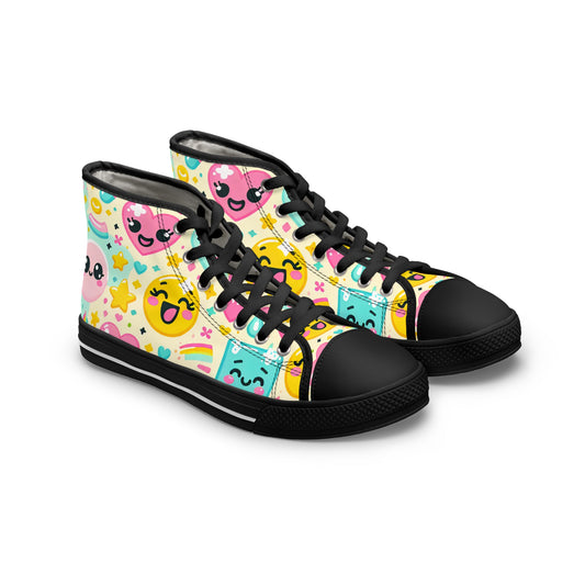 Introducing the "Emojo High-Tops" - Your Ultimate Playful and Whimsical Statement Sneakers! Featuring a Variety of Charming Cartoon Emojis with Expressions of Happiness, - High Top Trainers Fashion Sneakers