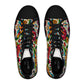 "Vibrant Calaveras: A Mexican-Inspired High-Top Sneaker Featuring a Festive Day of the Dead Textile Pattern with Bright Colors, Traditional Motifs, and Symbol- High Top Trainers Fashion Sneakers