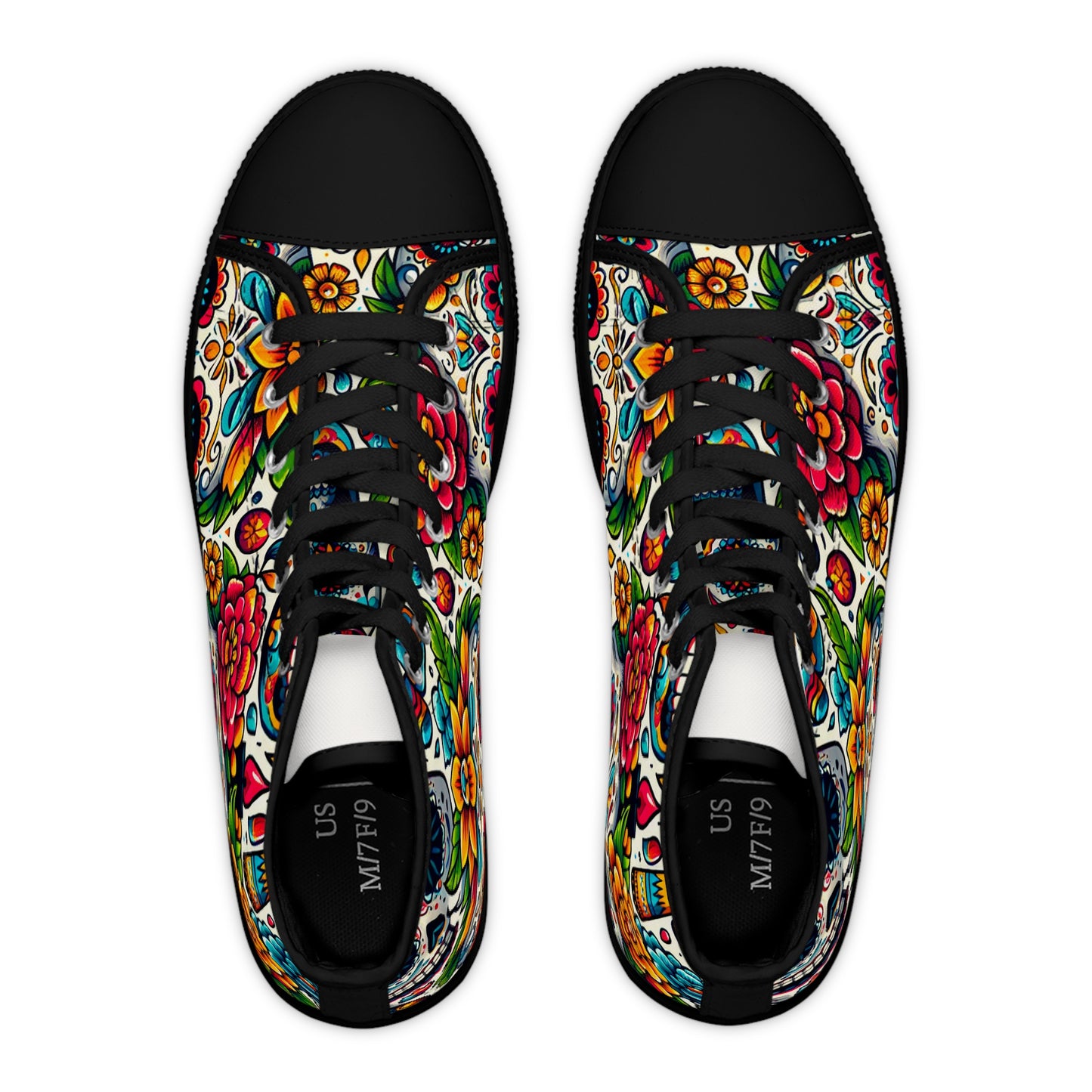 "Vibrant Calaveras: A Mexican-Inspired High-Top Sneaker Featuring a Festive Day of the Dead Textile Pattern with Bright Colors, Traditional Motifs, and Symbol- High Top Trainers Fashion Sneakers