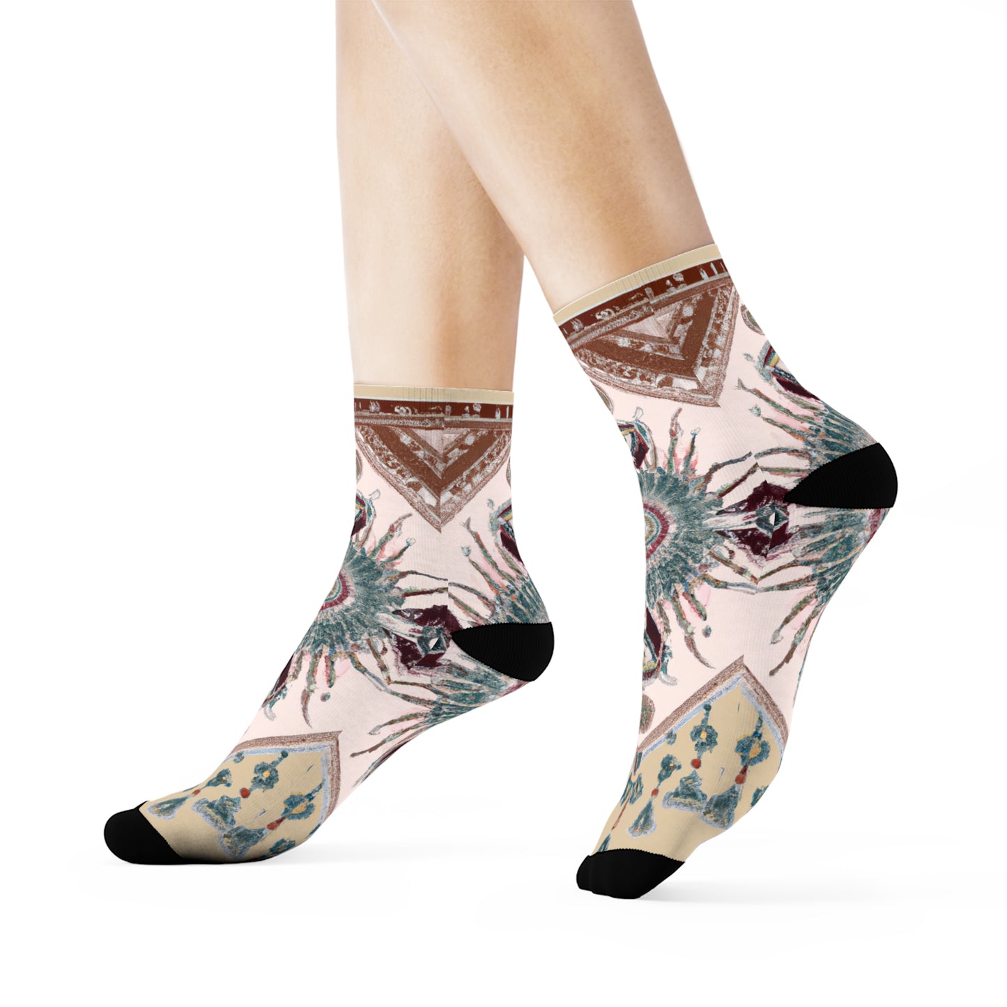 "Boho Chic: Earth Toned Crew Socks with Intricate Mandala and Tassel Motifs" - Men and Women Crew Socks Combed Athletic Sports Casual Classic