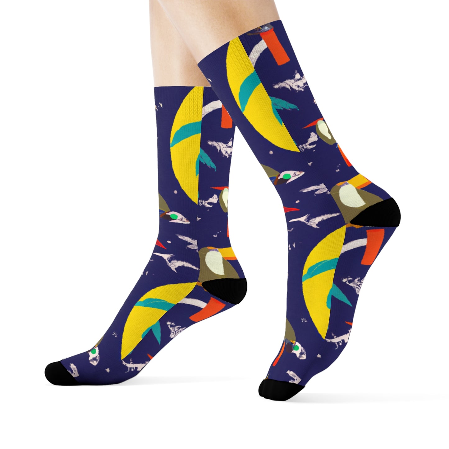 "Island Vibes Crew Socks: Featuring Vibrant Caribbean Textile Patterns with Palm Trees, Sunsets, and Toucans - Step into a Tropical Paradise!" - Men and Women Crew Socks Combed Athletic Sports Casual Classic