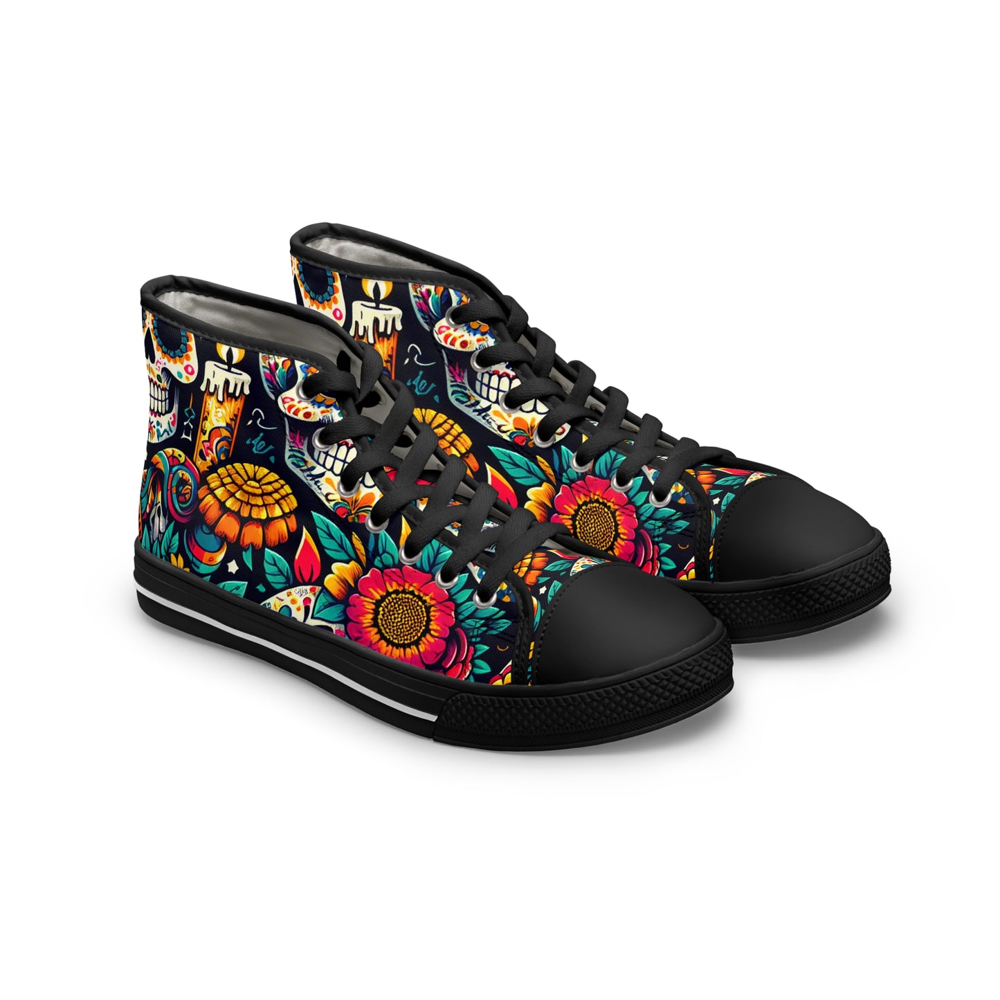 Introducing the "Fiesta Skulls" High-Top Sneaker - a celebration of vibrant Mexican art and tradition. Rock this bold and colorful footwear, inspired by the Day of the Dead festival- High Top Trainers Fashion Sneakers