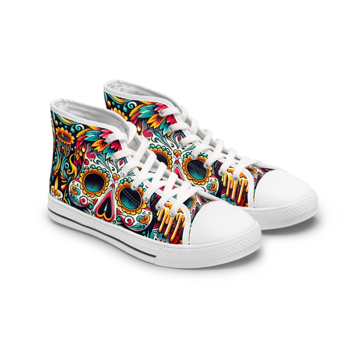 "Deadly Splendor: Day of the Dead High-Top Sneakers - Celebrate Life with Colorful Stylized Skulls and Vibrant Mexican Art Motifs" - High Top Trainers Fashion Sneakers