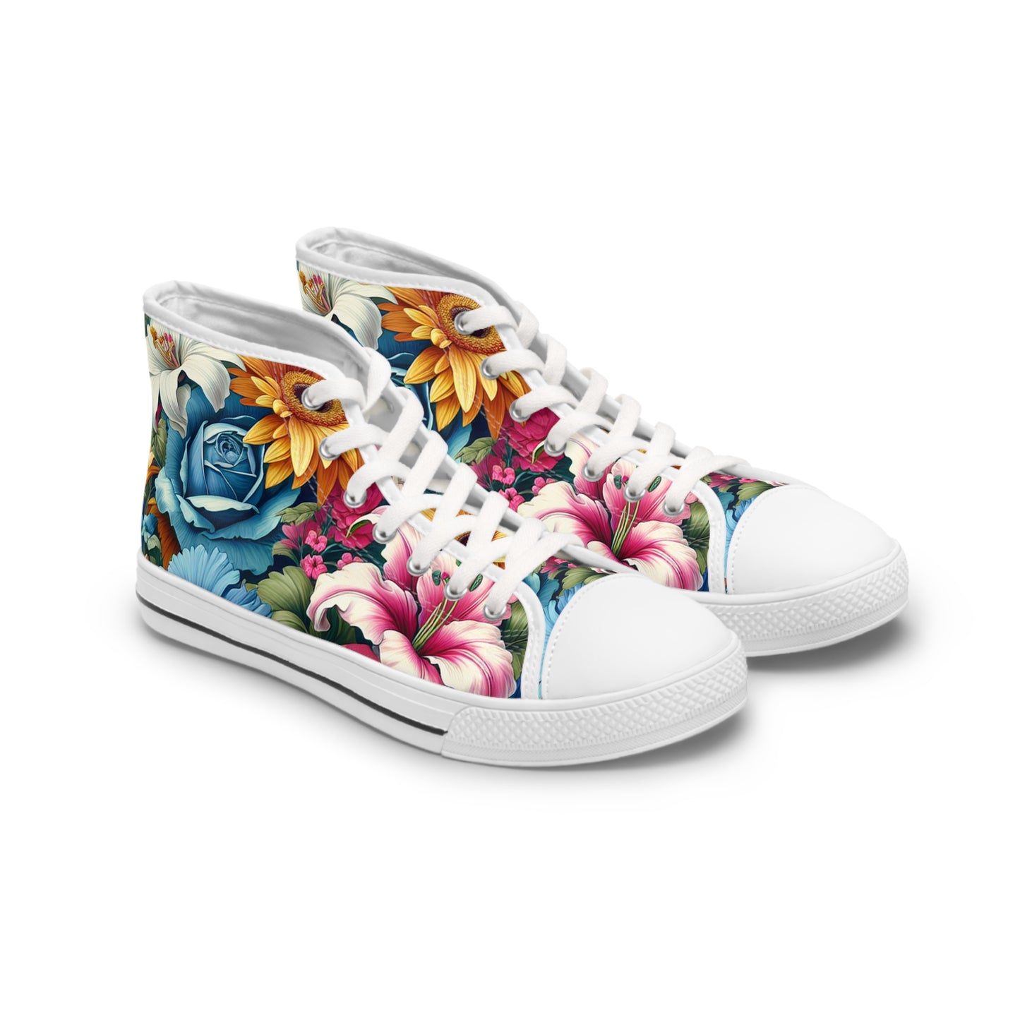 "Floral Frenzy: Vivacious High-Top Sneakers with Meticulously Detailed Flower Patterns in Vibrant Shades of Pink, Blue, Yellow, and Green - Perfect for Contemporary Text - High Top Trainers Fashion Sneakers