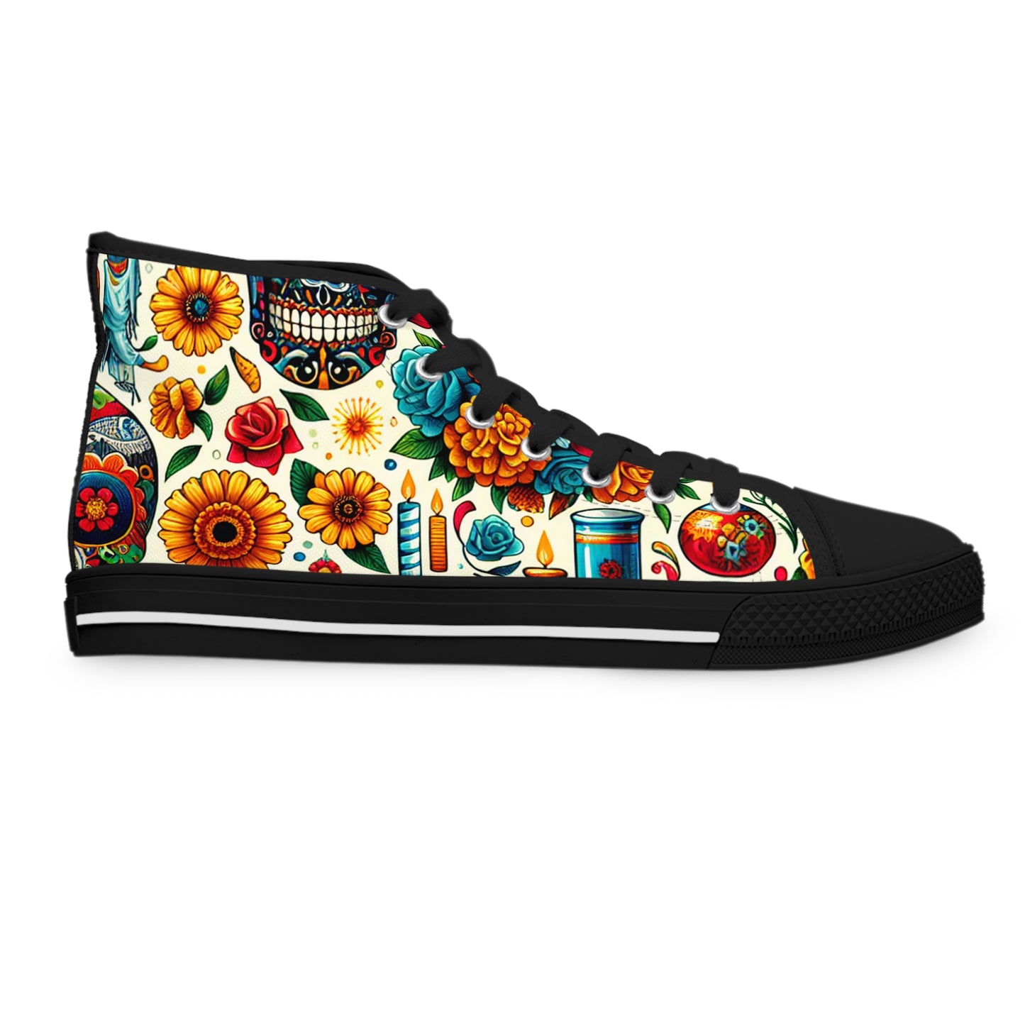 "Skull Fiesta: A Celebration of Life - High-Top Sneakers Featuring Vibrant Mexican Day of the Dead Inspired Textile Patterns and Indigenous Art Motifs"- High Top Trainers Fashion Sneakers