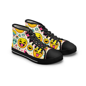 "Emojo High-Tops: Infuse your steps with joy and playfulness through vibrant emoji-inspired design! Featuring a delightful textile pattern of animated faces, hearts, stars, and rainbows - High Top Trainers Fashion Sneakers