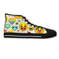 "Emojo High-Tops: Infuse your steps with joy and playfulness through vibrant emoji-inspired design! Featuring a delightful textile pattern of animated faces, hearts, stars, and rainbows - High Top Trainers Fashion Sneakers