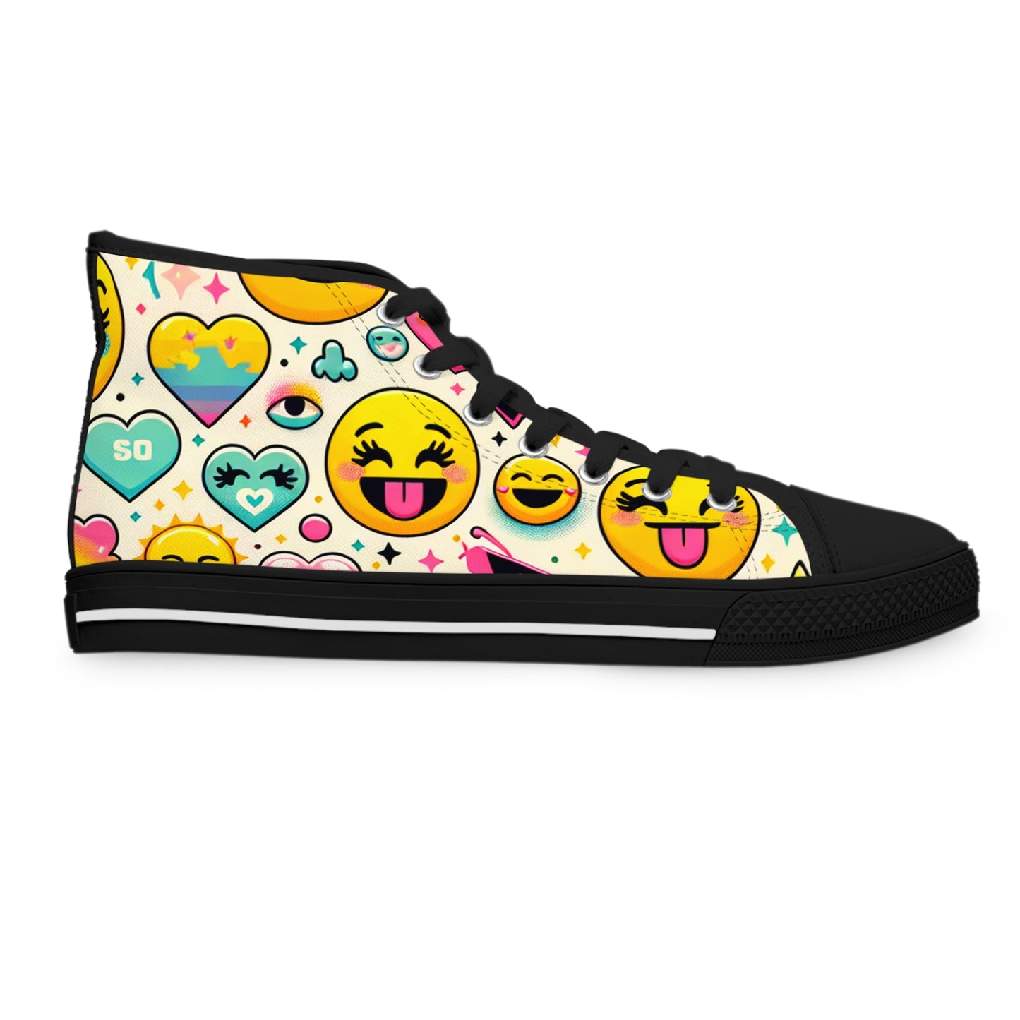 "Emojo High-Tops: Infuse your steps with joy and playfulness through vibrant emoji-inspired design! Featuring a delightful textile pattern of animated faces, hearts, stars, and rainbows - High Top Trainers Fashion Sneakers