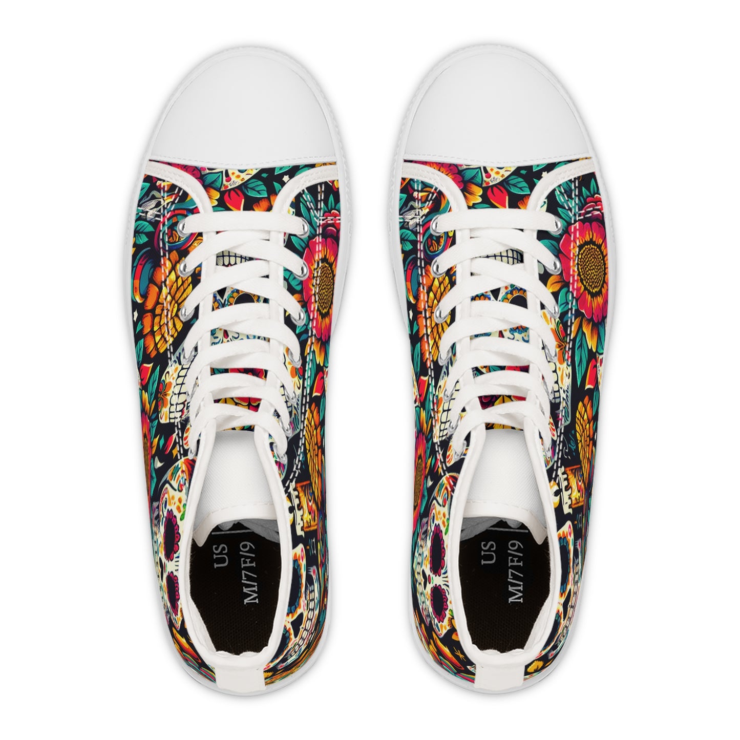 Introducing the "Fiesta Skulls" High-Top Sneaker - a celebration of vibrant Mexican art and tradition. Rock this bold and colorful footwear, inspired by the Day of the Dead festival- High Top Trainers Fashion Sneakers