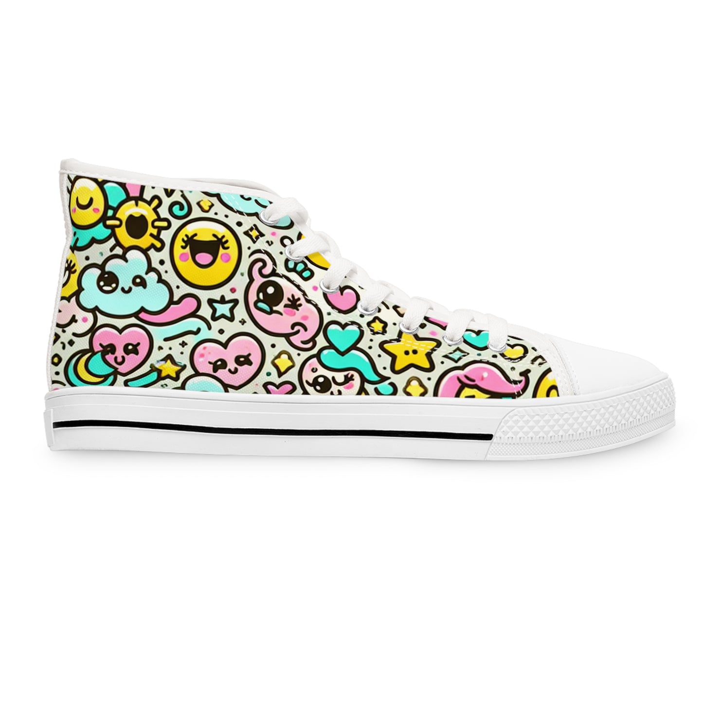 "Introducing Emoticon Express: The Ultimate High-Top Sneaker with a Fun and Vibrant Emojis and Hearts Print, Perfect for Kids and Kids-at-Heart Everywhere!" - High Top Trainers Fashion Sneakers