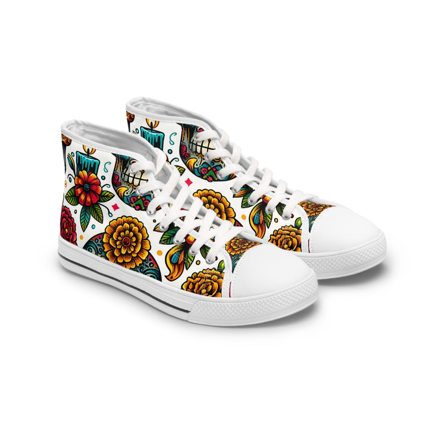 "Day of the Dead Delight High-Top Sneaker: A Vibrant Tribute to Mexican Traditions with Intricate Skull & Floral Motifs in Lively Red, Blue, Green, and - High Top Trainers Fashion Sneakers