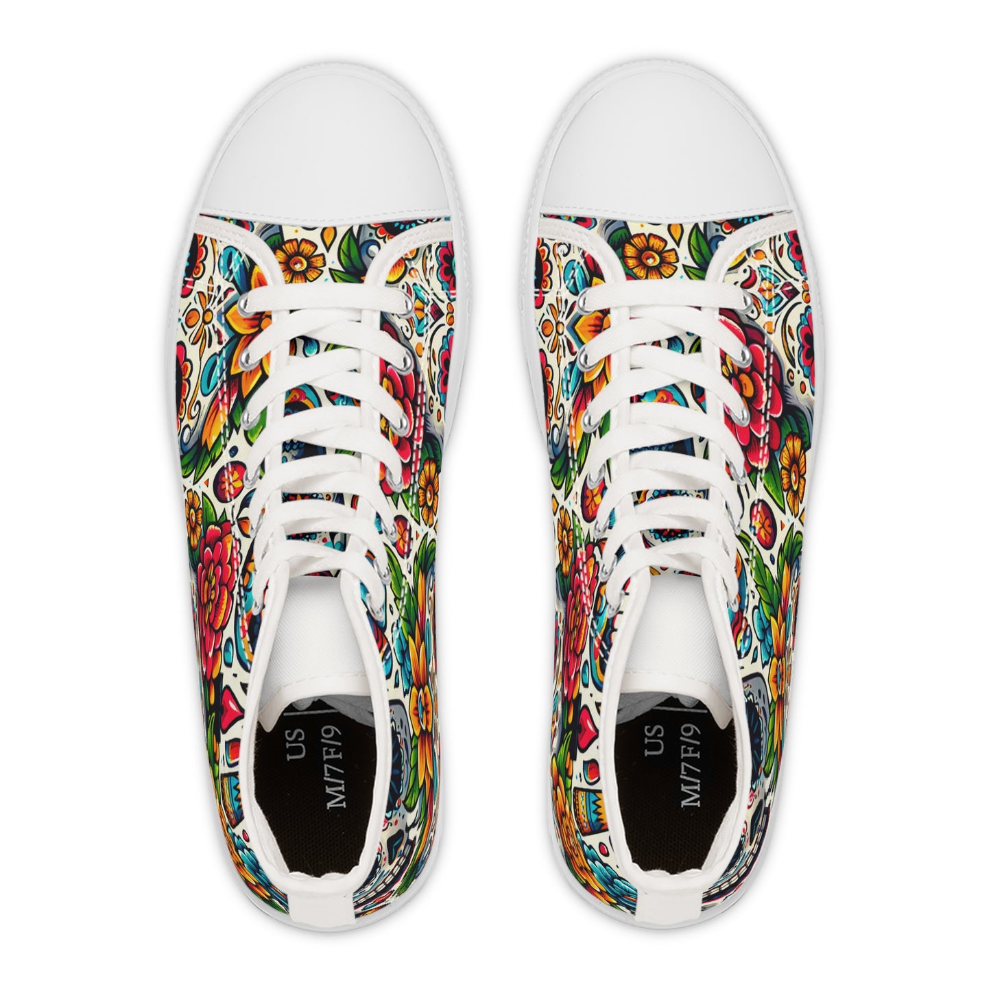 "Vibrant Calaveras: A Mexican-Inspired High-Top Sneaker Featuring a Festive Day of the Dead Textile Pattern with Bright Colors, Traditional Motifs, and Symbol- High Top Trainers Fashion Sneakers